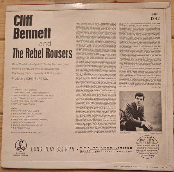 Image of Back Cover of LP - VG/VG - CLIFF BENNETT & THE REBEL ROUSERS, Cliff Bennett & The Rebel Rousers (Parlophone ; PMC 1242, UK 1965, Laminated Flipback Sleeve, Mono, "RECORDING FIRST PUBLISHED 1965" On Labels), Tracks On Rear Sleeve Marked In Pen,  - 0525135E
