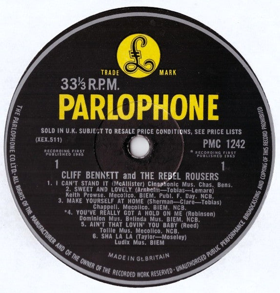 Image of Label Cover of LP - VG/VG - CLIFF BENNETT & THE REBEL ROUSERS, Cliff Bennett & The Rebel Rousers (Parlophone ; PMC 1242, UK 1965, Laminated Flipback Sleeve, Mono, "RECORDING FIRST PUBLISHED 1965" On Labels), Tracks On Rear Sleeve Marked In Pen,  - 0525135E