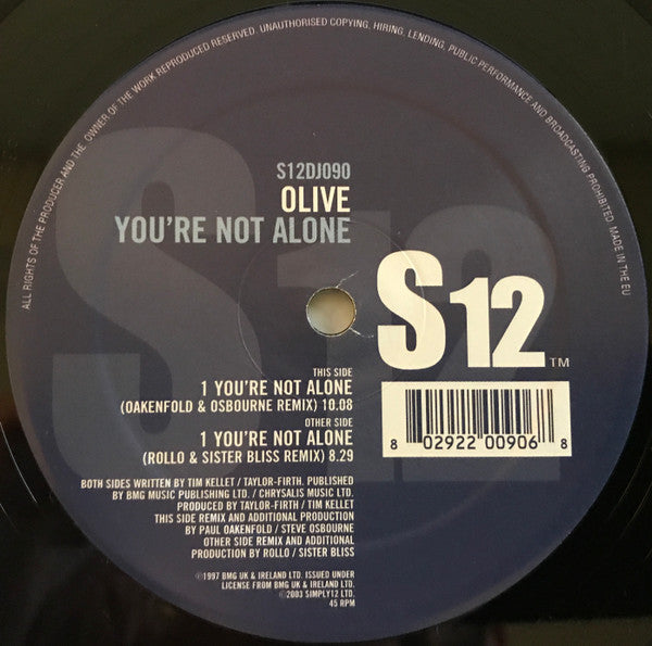 Image of Label Cover of LP - VG+/VG+ - OLIVE, You're Not Alone (S12; S12DJ090, UK 2003, Company Sleeve), original sleeve,  - 4046250S