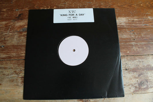 Image of Front Cover of 0515456C: 12" - XTC, King For A Day (12" Mix) (Virgin; VST 1177, UK 1989, White Label, Title Stickered Plain Black Sleeve)   VG/VG