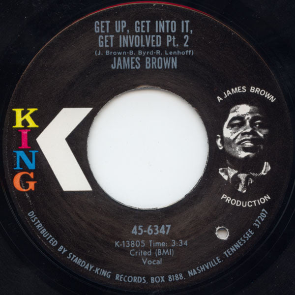 Image of Back Cover of 7" - /VG+ - JAMES BROWN, Get Up, Get Into It, Get Involved Pt. 1 / Pt. 2 (King Records; 45-6347, US 1970), Record has roughly cut edges. Labels worn, scuffed, with drill hole,  - 1816492C