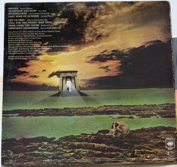 Image of Back Cover of LP - VG/VG - JUDAS PRIEST, Sin After Sin (CBS Sunburst Labels; S CBS 32005, UK 1977, Label Code Right Aligned on Labels), Sellotape and residue along top/bottom and some edgewear. Hairlines, especially on side 2. ,  - 2426234E