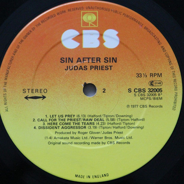 Image of Label Cover of LP - VG/VG - JUDAS PRIEST, Sin After Sin (CBS Sunburst Labels; S CBS 32005, UK 1977, Label Code Right Aligned on Labels), Sellotape and residue along top/bottom and some edgewear. Hairlines, especially on side 2. ,  - 2426234E