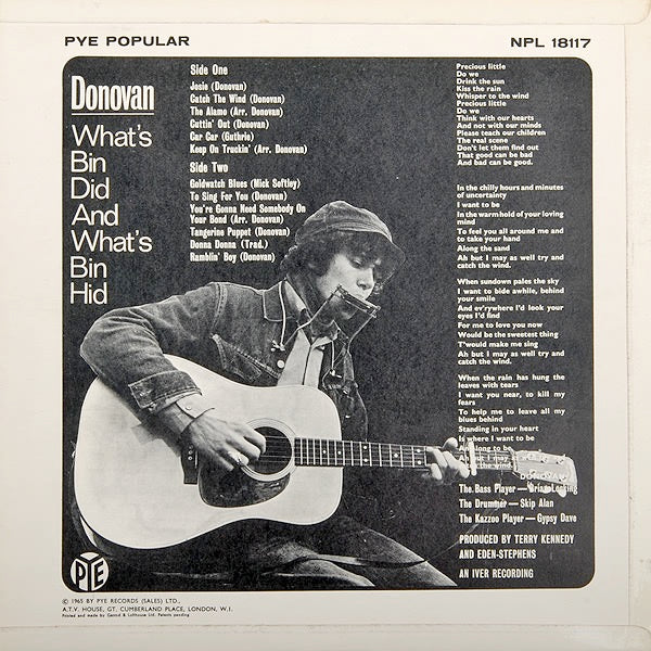 Image of Back Cover of LP - G/G+ - DONOVAN, What's Bin Did & What's Hid (Pye; NPL18117, UK 1965, Laminated Flipback Sleeve, Mono), Ripped corner and tear from spine into front of sleeve. Light marks mostly, and a light pop through 'catch the wind'. ,  - 2926358E