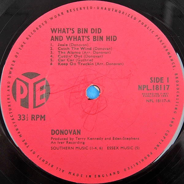 Image of Label Cover of LP - G/G+ - DONOVAN, What's Bin Did & What's Hid (Pye; NPL18117, UK 1965, Laminated Flipback Sleeve, Mono), Ripped corner and tear from spine into front of sleeve. Light marks mostly, and a light pop through 'catch the wind'. ,  - 2926358E