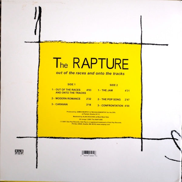Image of Back Cover of 12" - VG/EX - THE RAPTURE, Out Of The Races And Onto The Tracks (Sub Pop; SP505, US 2001, Insert), Small Ink Stain On Front Sleeve,  - 0426359E