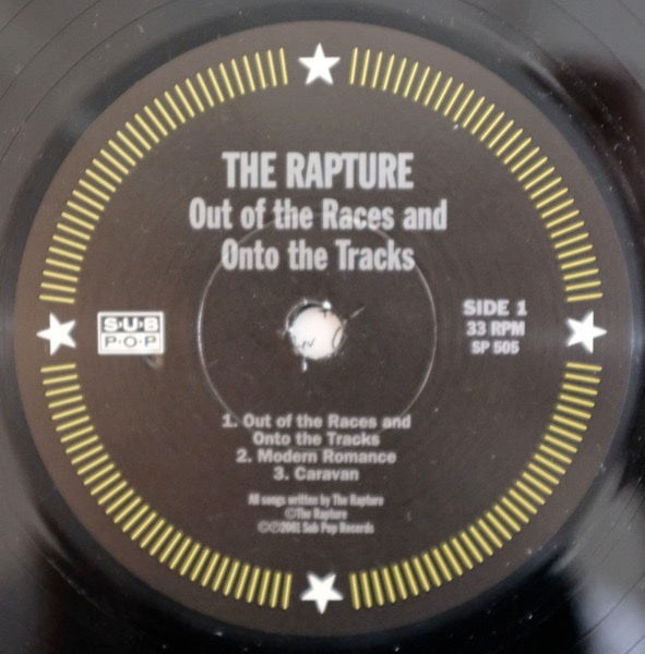 Image of Label Cover of 12" - VG/EX - THE RAPTURE, Out Of The Races And Onto The Tracks (Sub Pop; SP505, US 2001, Insert), Small Ink Stain On Front Sleeve,  - 0426359E