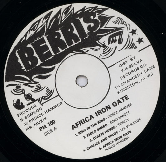 Image of Front Cover of LP - /G - VARIOUS ARTISTS, Africa Iron Gate Showcase (Berris; PH 100, UK 1982, Plain Sleeve), Lots of marks and scuffs, plays through fine; minor crackle. Clean labels, plain sleeve., A1 - Prince Hammer King In A The RingA2 - Echo Minott 	Emilo BimboA3 - Trinity Quiete HorseA4 - Lee Van Cliff Chalice And SpliffA5 - Prince Hammer Africa Iron GateB1 - Enos McLoud Words Sound And PowerB2 - George Nooks MosesB3 - Prince Hammer Press Along DreadlocksB4 - Trinity She Is MineB5 - P