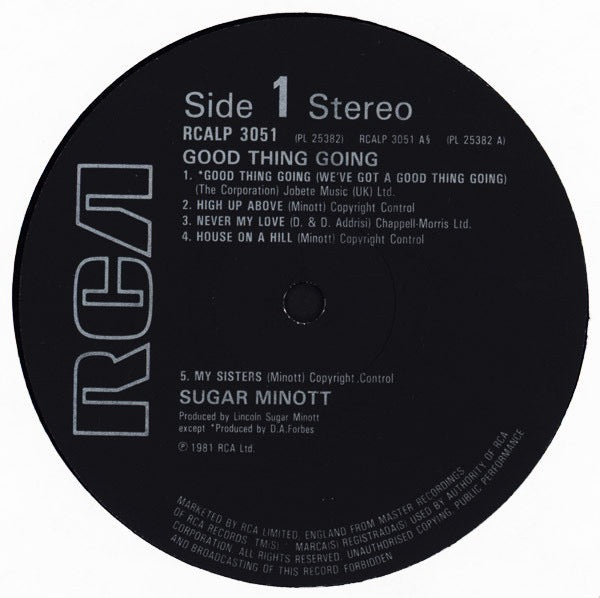 Image of Label Cover of LP - VG/VG+ - SUGAR MINOTT, Good Thing Going (RCA; RCA LP 3051, UK 1981, Insert), ,  - 2416221C