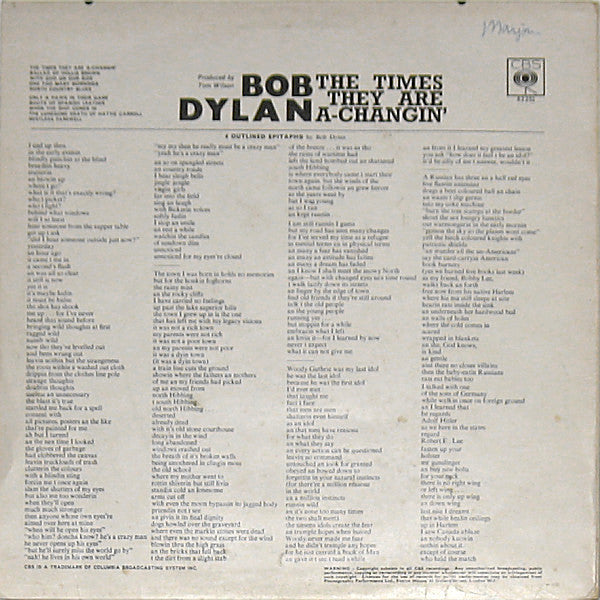 Image of Back Cover of LP - VG/G+ - BOB DYLAN, The Times They Are A-Changin' (CBS Smooth Orange (33 1/3 On Label); 62251, UK 1970s Reissue, Non-Laminated Non-Flipback Sleeve, Stereo. A4/B5 Matrix), Light Marks only.,  - 1616230C