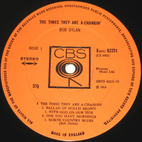 Image of Label Cover of LP - VG/G+ - BOB DYLAN, The Times They Are A-Changin' (CBS Smooth Orange (33 1/3 On Label); 62251, UK 1970s Reissue, Non-Laminated Non-Flipback Sleeve, Stereo. A4/B5 Matrix), Light Marks only.,  - 1616230C