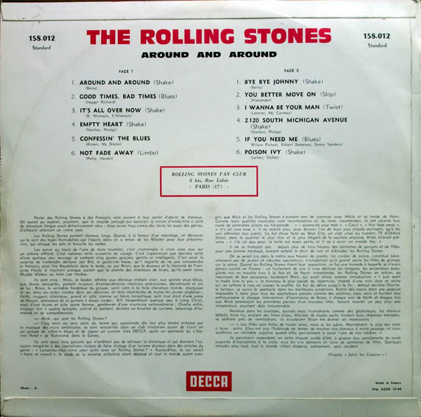 Image of Back Cover of LP - VG/G - THE ROLLING STONES, Around And Around (Disques Decca; 158.012, France 1964, Laminated Flipback Sleeve With Red Text On Rear, Translucent Inner with Red Decca Text), Lots of hairlines, Nothing Major, Sleeve intact but a little tatty,  - 1716352C