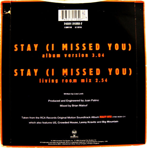 Image of Back Cover of 7" - VG/VG+ - LISA LOEB & NINE STORIES, Stay (I Missed You) (RCA; 74321 21252-7, UK 1994, Picture Sleeve), Edge Wear.,  - 4316419C