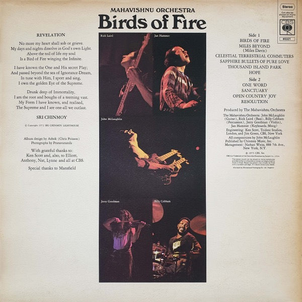 Image of Back Cover of LP - VG/G+ - MAHAVISHNU ORCHESTRA, Birds Of Fire (CBS; 65321, UK 1973, Textured Sleeve, Inner), Light marks only,  - 3816247C