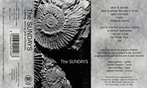 Image of Back Cover of Cassette - VG+/VG+ - THE SUNDAYS, Reading, Writing And Arithmetic (Rough Trade; ROUGH C148, UK 1990, J-Card, White Shell), Age discolouring, shell is more of a cream colour now.,  - 3116472C