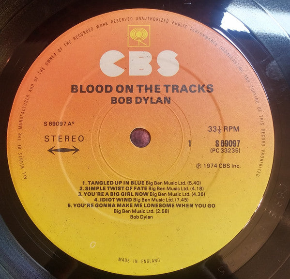 Image of Label Cover of LP - VG/G+ - BOB DYLAN, Blood On The Tracks (CBS Sunburst Label; CBS 69097, UK 1980s Reissue, Burgundy Inner, TY/TTY Matrices), ,  - 4326052E