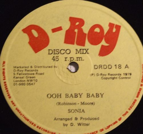 Image of Front Cover of 12" - /G - SONIA / D-ROY BAND, Ooh Baby Baby / Back Street Dub (D-Roy Records; DRDD 18, UK 1979, Plain Sleeve), Lots of marks and hairlines across both sides.,  - 3846031S