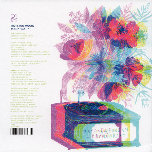 Image of Back Cover of 7" - EX/VG+ - THURSTON MOORE, Spring Swells (The Daydream Library Series; DLS08, UK 2019, Picture Sleeve, Sonic Youth. Limited To 999 On Blue Vinyl), Still In Opened Shrinkwrap,  - 4316208C
