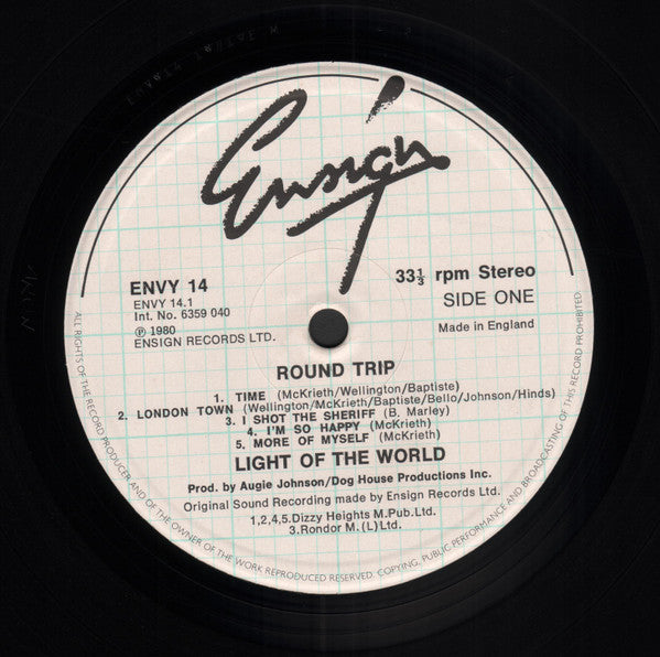 Image of Label Cover of LP - G/VG+ - LIGHT OF THE WORLD, Round Trip (Ensign; ENVY14, UK 1981, Picture Sleeve), Sleeve is intact but grubby. Has ring wear on the front, and a tear on the back.,  - 2526312E