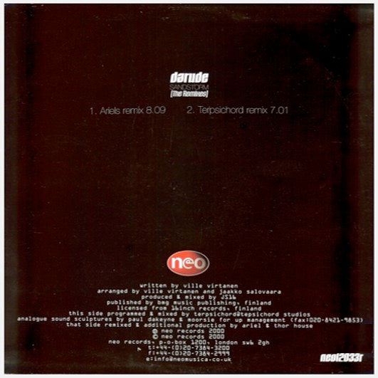 Image of Back Cover of 12" - VG/G+ - DARUDE, Sandstorm (The Remixes) (Neo; NEO12033R, UK 2000), Scuffs and hairlines on disc. Sleeve ringworn and corner wear.,  - 3316094C