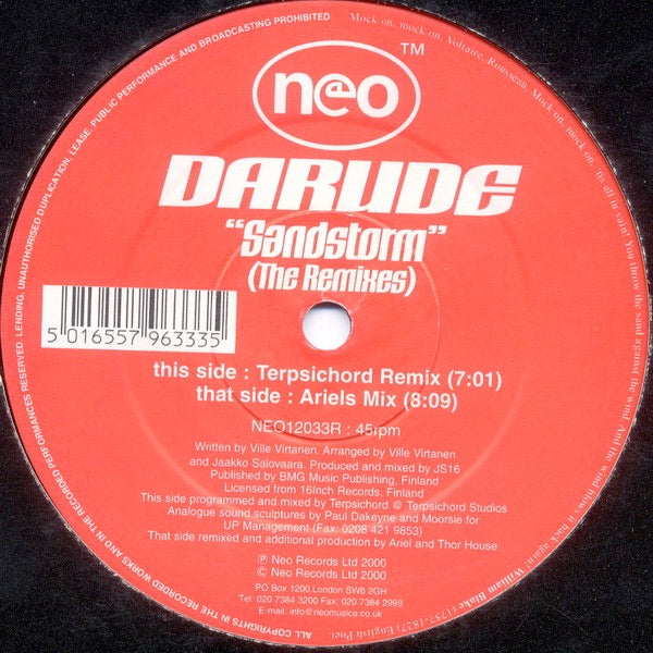 Image of Label Cover of 12" - VG/G+ - DARUDE, Sandstorm (The Remixes) (Neo; NEO12033R, UK 2000), Scuffs and hairlines on disc. Sleeve ringworn and corner wear.,  - 3316094C