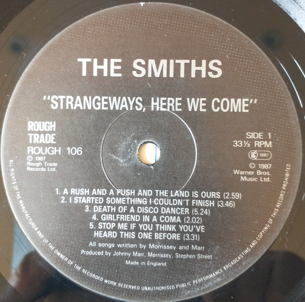 Image of Label Cover of LP - VG/G+ - THE SMITHS, Strangeways, Here We Come (Rough Trade; ROUGH 106, UK 1987, Embossed Sleeve, Inner, Tracklist and barcode on rear are in green print, EMI Pressing), Light Scuffs And Light Motteling. Plays Like A VG,  - 3446328S