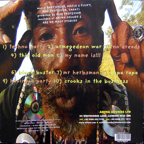Image of Back Cover of LP - VG/G+ - LEE SCRATCH PERRY, Techno Party (Ariwa; AREMLP001, UK 2000), Lots of light marks, plays above average. Sleeve is slightly damaged near the opening, looks great otherwise.,  - 0715317C