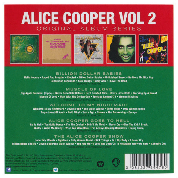 Image of Back Cover of 5xCD - M/M - ALICE COOPER, Original Album Series (Volume Two) (Warner Music Group; 081227944780, Europe Reissue, Box Set, 5 Inners & Insert), Still SEALED In Shrinkwrap,  - 3336097E