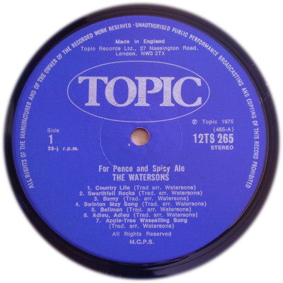 Image of Label Cover of LP - VG/VG - THE WATERSONS, For Pence And Spicy Ale (Topic Records Blue Labels; 12TS265, UK 1975), Strong VG,  - 0726217E