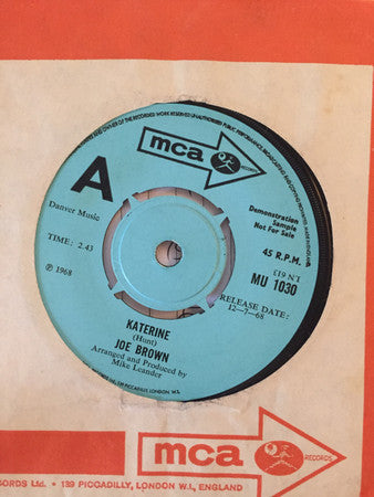 Image of Front Cover of 0725539E: 7" - JOE BROWN, Katerine / Davy The Fat Boy (MCA Records ; MU 1030, UK 1968, Promo)   /VG+