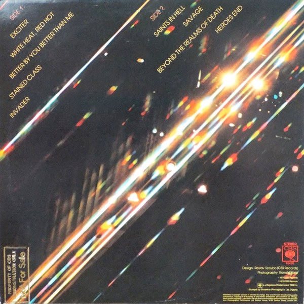 Image of Back Cover of LP - G+/VG - JUDAS PRIEST, Stained Class (CBS; S CBS 82430, UK 1978, Inner), Writing across front and back of sleeve, promo stamp.  Edge wear.  Hairlines across record. ,  - 2426235E