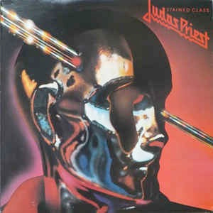 Image of Front Cover of LP - G+/VG - JUDAS PRIEST, Stained Class (CBS; S CBS 82430, UK 1978, Inner), Writing across front and back of sleeve, promo stamp.  Edge wear.  Hairlines across record. ,  - 2426235E