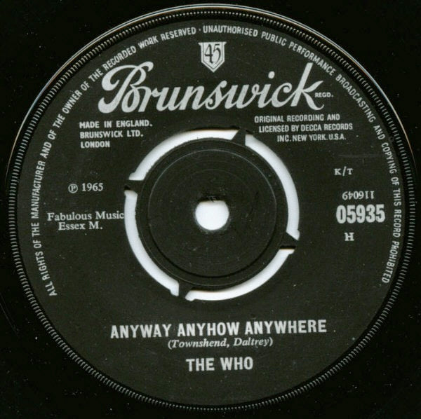 Image of Front Cover of 4624096E: 7" - THE WHO, Anyway, Anyhow, Anywhere / Daddy Rolling Stone (Brunswick; 05935, UK 1965, Company Sleeve) Centre Missing, Strong VG  VG/VG