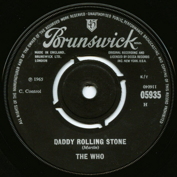 Image of Back Cover of 4624096E: 7" - THE WHO, Anyway, Anyhow, Anywhere / Daddy Rolling Stone (Brunswick; 05935, UK 1965, Company Sleeve) Centre Missing, Strong VG  VG/VG