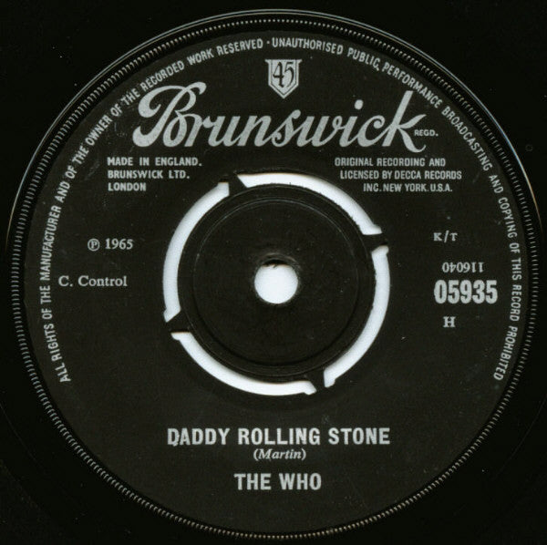 Image of Back Cover of 7" - VG/G - THE WHO, Anyway, Anyhow, Anywhere / Daddy Rolling Stone (Brunswick; 05935, UK 1965, Company Sleeve), Centre Intact, Sleeve has an old 'Philips' Stamp, a typewritten title and some blue pen, Light marks and hairlines, Plays well throughout,  a little surface noise to be expected,  - 2716101C