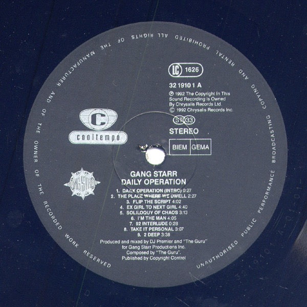 Image of Label Cover of LP - G+/G+ - GANG STARR, Daily Operation (Cooltempo; 32 1910 1, UK & Europe 1992, No Inner, Original UK/EU pressing), Marks on disc. Plays well with only minimal background clicks in quiet places. Wear to sleeve with multiple creasing & light ringwear.,  - 3726386E