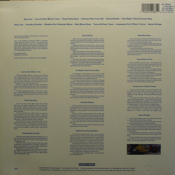 Image of Back Cover of LP - VG+/VG - EVERYTHING BUT THE GIRL, Idlewild (Blanco Y Negro ; BYN 14, Europe 1988, Laminated Sleeve, Includes 'I Don't Want to Talk About It'), Hype Sticker on Front Sleeve & Promo Sticker On Rear,  A few very fine marks, Strong VG ,  - 3116088C