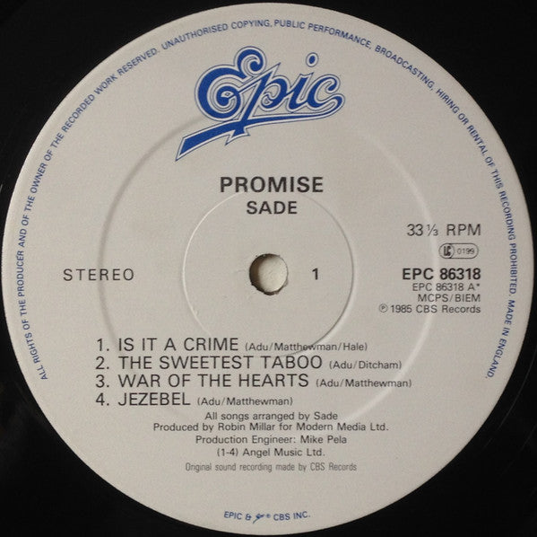 Image of Label Cover of LP - VG/VG+ - SADE, Promise (Epic; EPC 86318, UK 1985, Gatefold, No "TY" In Runouts.), ,  - 3846037S