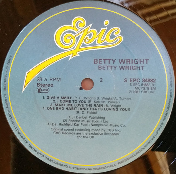 Image of Label Cover of LP - VG/VG - BETTY WRIGHT, Betty Wright (Epic; EPC 84882, UK 1981), Light marks on vinyl. Light wear to sleeve with multiple light creasing. SWOL.,  - 4046116S