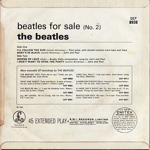 Image of Back Cover of 7" EP - G+/G - THE BEATLES, Beatles For Sale (No. 2) (Parlophone 4-Prong Centre Black & Yellow Labels With Sold In UK Text ; GEP 8938, UK 1965, Laminated Flipback Sleeve, Mono, KT Tax Code), Lots of little light marks, Sleeve intact but has many laminate creases to front and name on rear. ,  - 3516110C