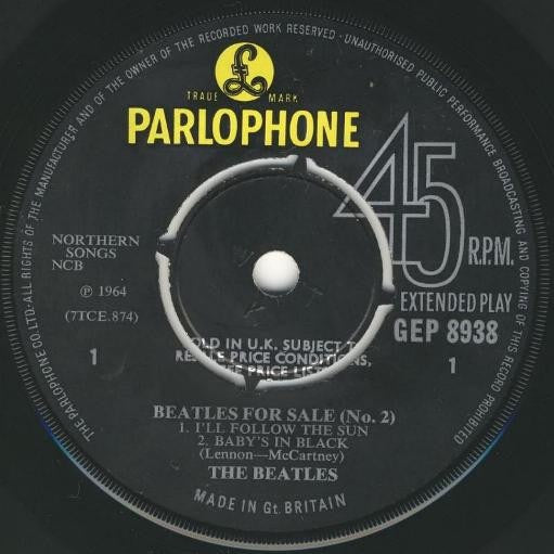 Image of Label Cover of 7" EP - G+/G - THE BEATLES, Beatles For Sale (No. 2) (Parlophone 4-Prong Centre Black & Yellow Labels With Sold In UK Text ; GEP 8938, UK 1965, Laminated Flipback Sleeve, Mono, KT Tax Code), Lots of little light marks, Sleeve intact but has many laminate creases to front and name on rear. ,  - 3516110C