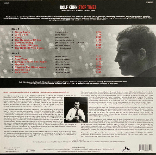 Image of Back Cover of 0825437E: LP - ROLF K�HN, Stop Time! (Sonorama; L-85, Germany 2014) Has some visible marks that don't sound.   VG+/VG