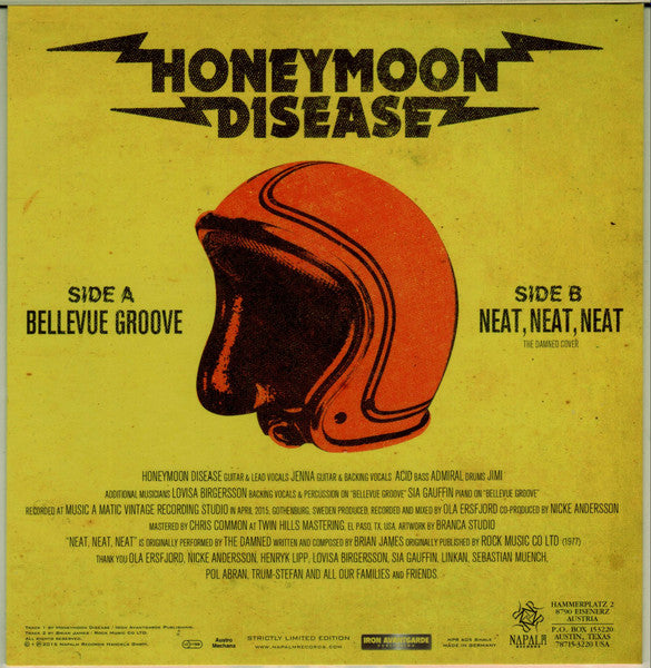 Image of Back Cover of 0815463C: 7" - HONEYMOON DISEASE, Bellevue Groove (Napalm Records; NPR 605 SINGLE, Austria 2015, Picture Sleeve, Transparent Yellow Vinyl) Still in shrinkwrap.  EX/VG+