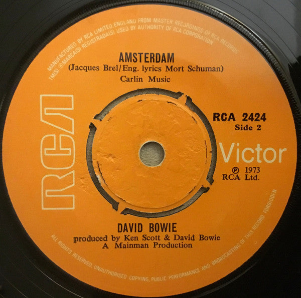 Image of Back Cover of 0825517E: 7" - DAVID BOWIE, Sorrow / Amsterdam (RCA; 2424, Ireland 1973, Plain Sleeve) Sticker Damage To Label  /VG+