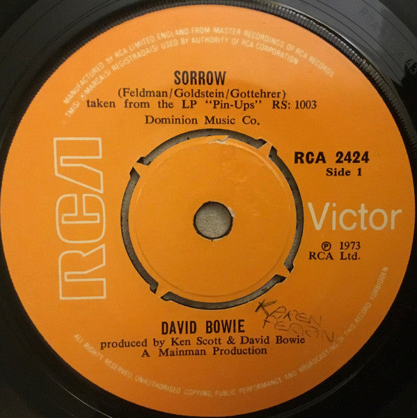 Image of Front Cover of 0825517E: 7" - DAVID BOWIE, Sorrow / Amsterdam (RCA; 2424, Ireland 1973, Plain Sleeve) Sticker Damage To Label  /VG+