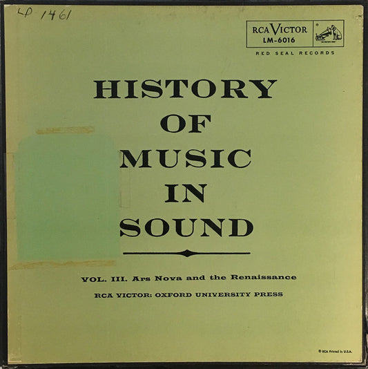 Image of Front Cover of 0925166E: 2xLP - VARIOUS, History Of Music In Sound - Volume III - Ars Nova And The Rennaissance (RCA Victor Red Seal; LM 6016,  , Box Set, Bound Book With Insert) Top Edge of Box Torn  VG/VG