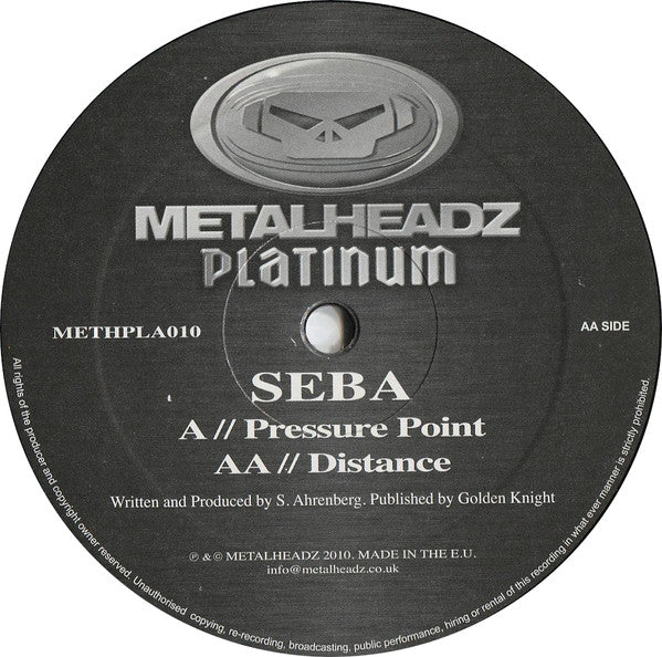 Image of Back Cover of 12" - /G+ - SEBA, Pressure Point / Distance (Metalheadz Platinum ; METHPLA 010, UK 2010, Company Sleeve), Lots of hairline scratches and scuffs to disc, A		Pressure PointAA		Distance - 2415706C