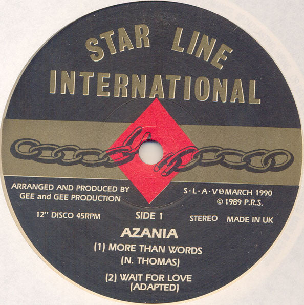 Image of Label Cover of 12" - VG/VG+ - AZANIA, More Than Words / Wait For Love (Star Line International; , UK 1990, Picture Sleeve), Record is spotless. Sleeve has very minor ring wear.,  - 3846171S