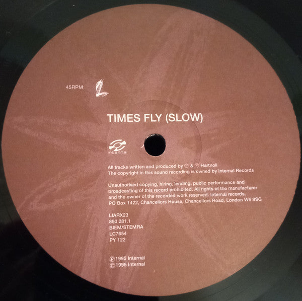 Image of Label Cover of 2x12" EP - VG/G+ - ORBITAL, Times Fly (Internal; LIARX23, Europe 1995, Picture Sleeve), Lots of faint hairlines across both discs, mild ringwear and creasing to sleeve.,  - 2016509C