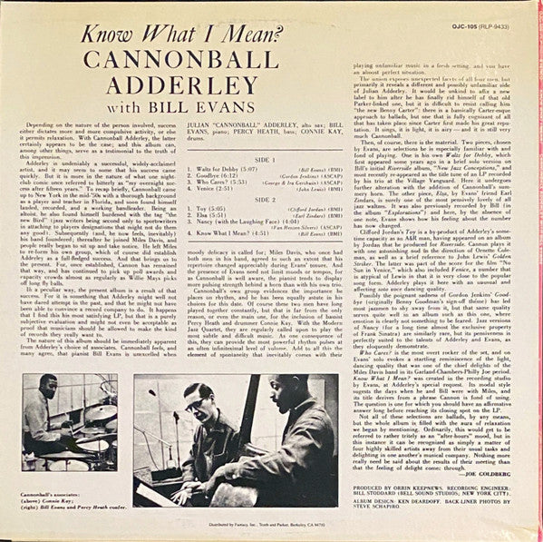 Image of Back Cover of LP - VG/VG - CANNONBALL ADDERLEY WITH BILL EVANS, Know What I Mean? (Original Jazz Classics; OJC-105, US 1984 Reissue, Picture Sleeve), ,  - 2526011E